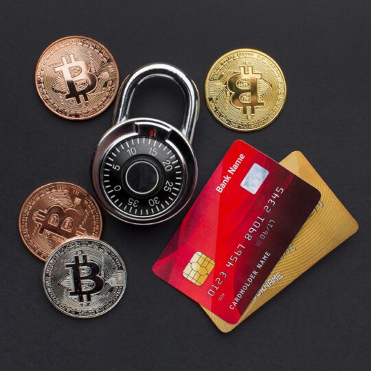 top-view-credit-cards-with-lock-bitcoin